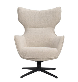 Beige fåtölj med hög rygg och armstöd på svart svängbar fotställning