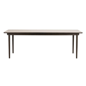 Rektangulärt matbord med ljus träskiva och mörkbetsade ben i klassisk design