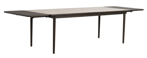 Utdragbart matbord i grå betong och svart metallstativ med tre ben