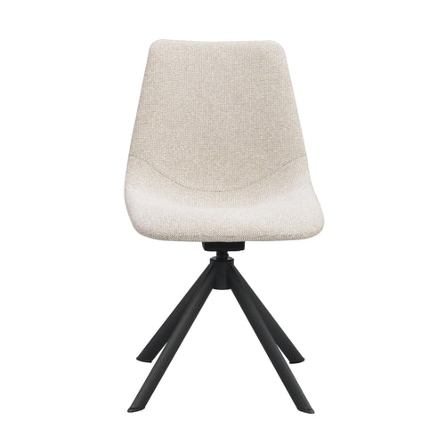 Beige matstol med svart metallunderrede och svängbar funktion, modern design med textilklädsel