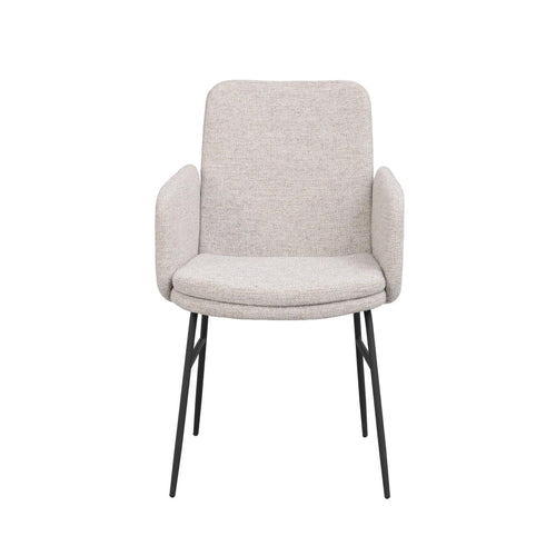 Beige stol med armstöd och svarta metallben, frontvy mot vit bakgrund