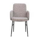 Grå matstol med armstöd och svarta metallben, frontvy mot vit bakgrund