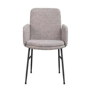 Grå matstol med armstöd och svarta metallben, frontvy mot vit bakgrund