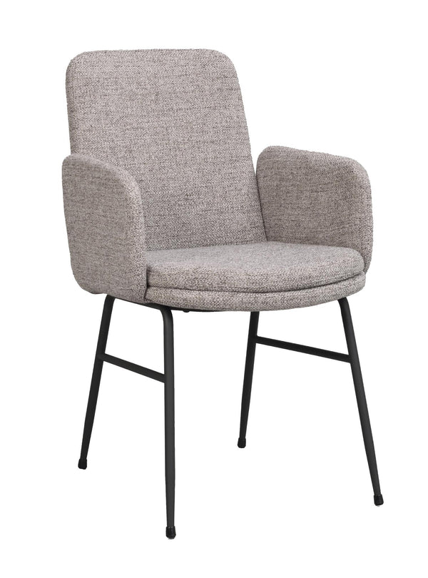 Grå matstol med armstöd och svarta metallben, modern design med textilklädsel
