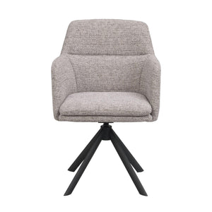 Grå snurrstol med armstöd och svart metallunderrede, frontvy mot vit bakgrund