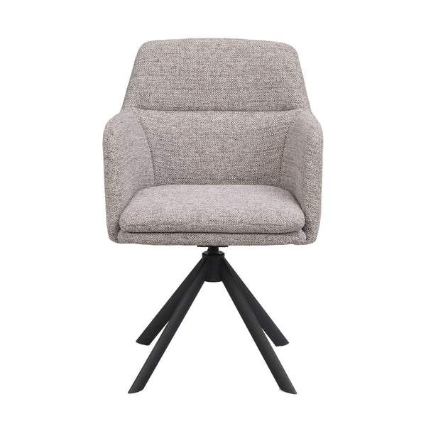Grå snurrstol med armstöd och svart metallunderrede, frontvy mot vit bakgrund