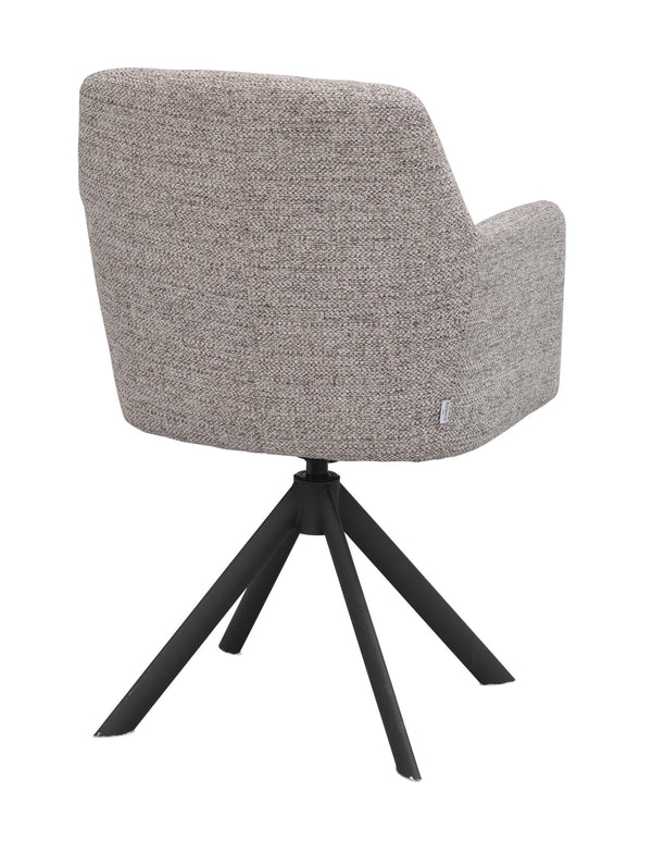 Grå stol med armstöd och svart metallben i spindeldesign, snett bakifrån