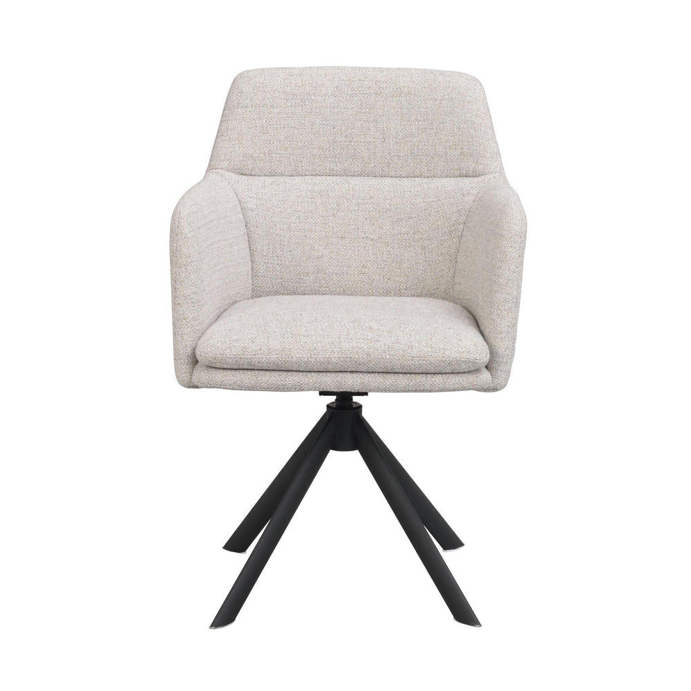 Beige stoppad matstol med svart snurrbart underrede i metall, modern design med armstöd