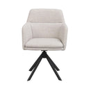 Beige stoppad matstol med svart snurrbart underrede i metall, modern design med armstöd