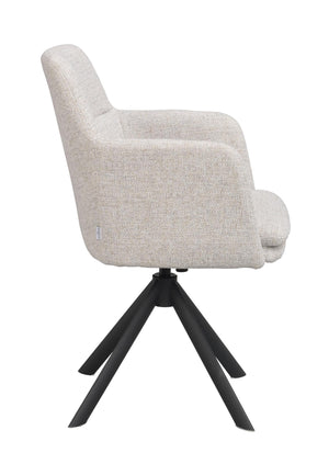 Beige stol med armstöd och svart snurrfot i trä, sidovy av modern fåtölj för matsal