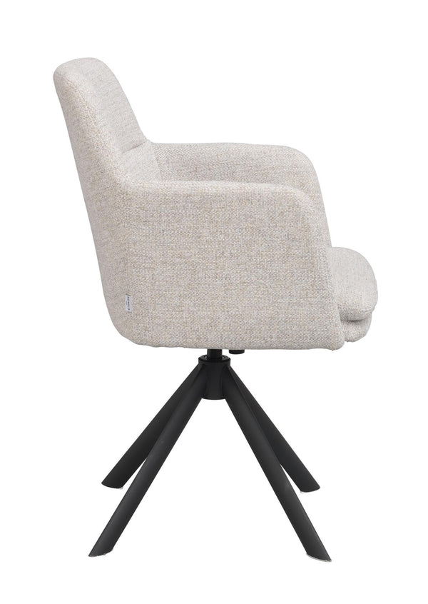 Beige stol med armstöd och svart snurrfot i trä, sidovy av modern fåtölj för matsal