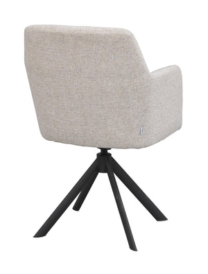 Beige stopperad stol med svart metallstativ och svängbar funktion, sett från baksidan