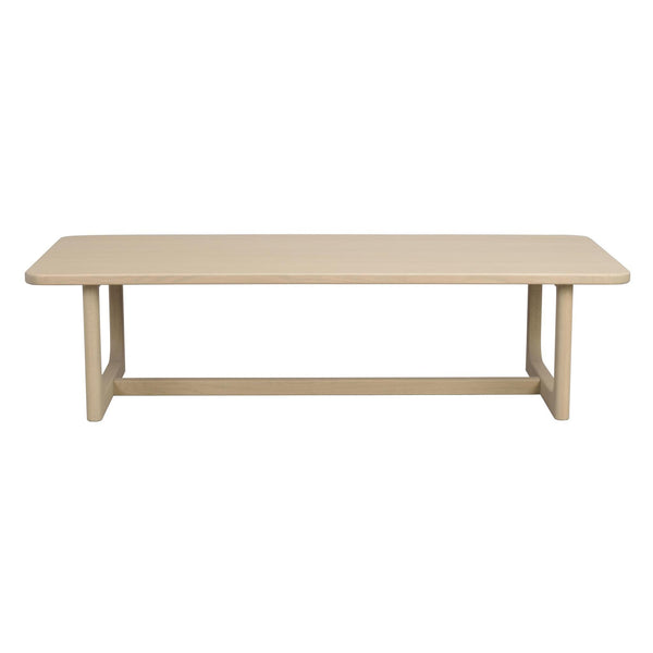 Ljust trä matbord med rena linjer och U-formade ben med förbindande tvärslå