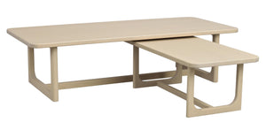 Soffbord set med två nivåer i ljust trä, modern design med rundade ben och skandinavisk stil