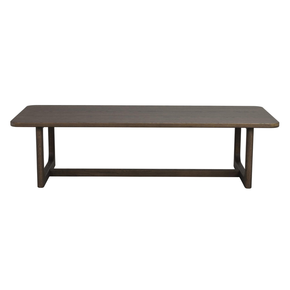 Mörkt träbord med raka ben och genomgående bänkstruktur i modern minimalistisk design