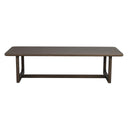 Mörkt träbord med raka ben och genomgående bänkstruktur i modern minimalistisk design