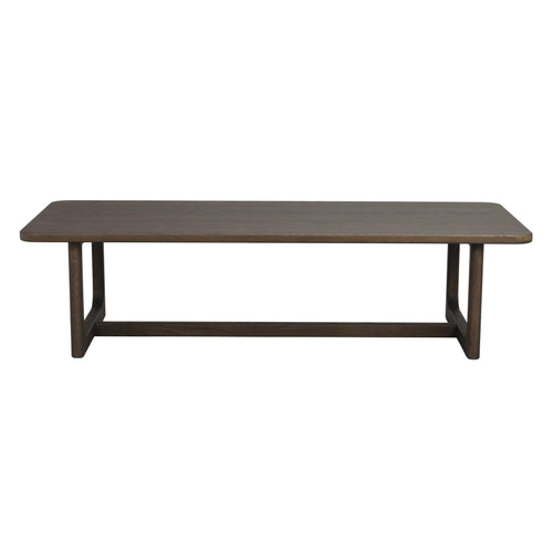 Mörkt träbord med raka ben och genomgående bänkstruktur i modern minimalistisk design