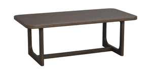 Rektangulärt soffbord i mörkbrun ek med rundade hörn och U-formade ben med horisontell förstärkning