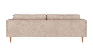 Beige 3-sits soffa med träben, raka linjer och två ryggkuddar sedd bakifrån