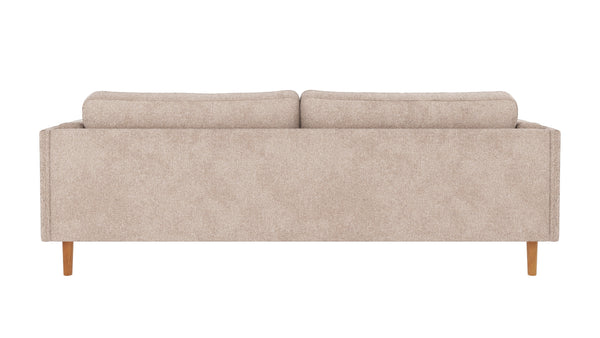 Beige 3-sits soffa med träben, raka linjer och två ryggkuddar sedd bakifrån