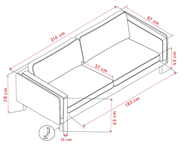 Måttskiss av bäddsoffa med dimensioner: 216 cm längd, 87 cm bredd, 78 cm höjd, utfälld 183 cm djup