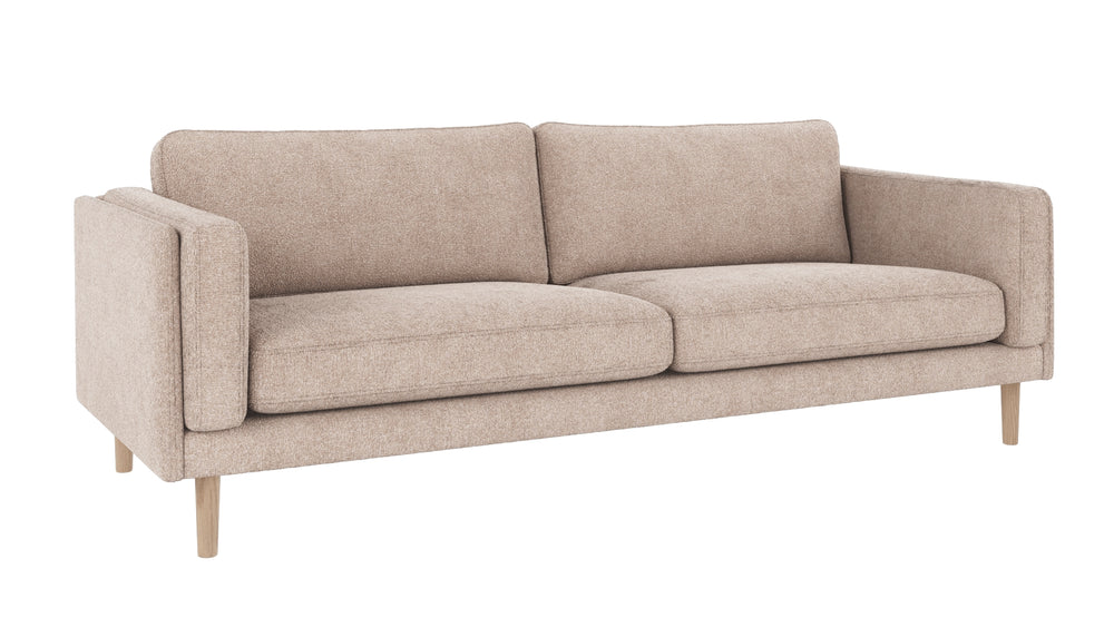 Beige tvåsitssoffa med ljusa träben och rena linjer i skandinavisk design