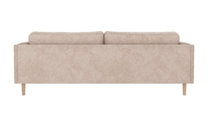 Beige soffa med träben sedd bakifrån, modern design med rena linjer och ljus klädsel