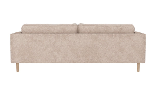 Beige soffa med träben sedd bakifrån, modern design med rena linjer och ljus klädsel