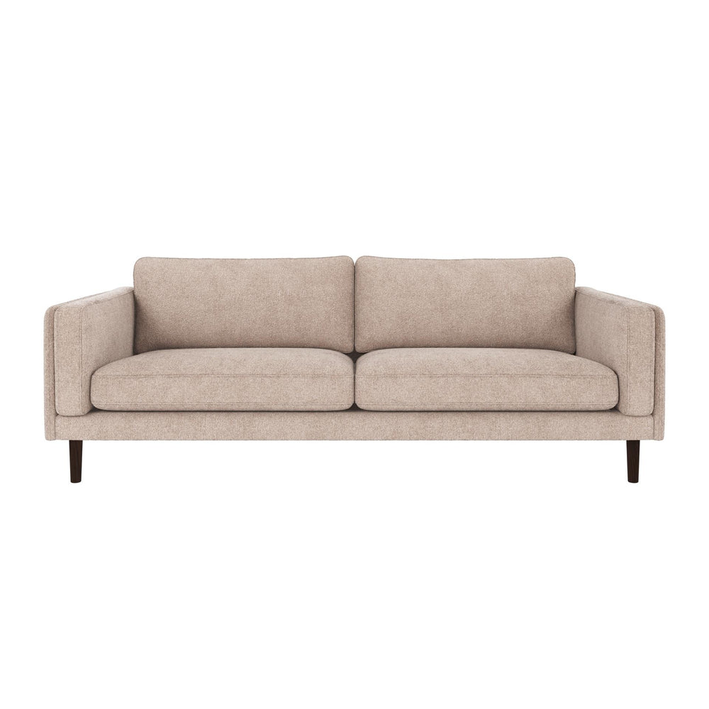 Beige tvåsits soffa med träben i modern skandinavisk design på vit bakgrund