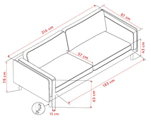 Måttritning av bäddsoffa med dimensioner: längd 216 cm, bredd 87 cm, höjd 78 cm, bäddstorlек 183x63 cm