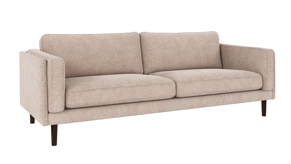 Beige 3-sits soffa med raka armstöd och mörka träben i modern skandinavisk design