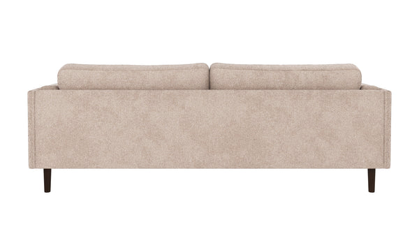 Beige soffa med två sittdynor och träben, sedd bakifrån mot vit bakgrund