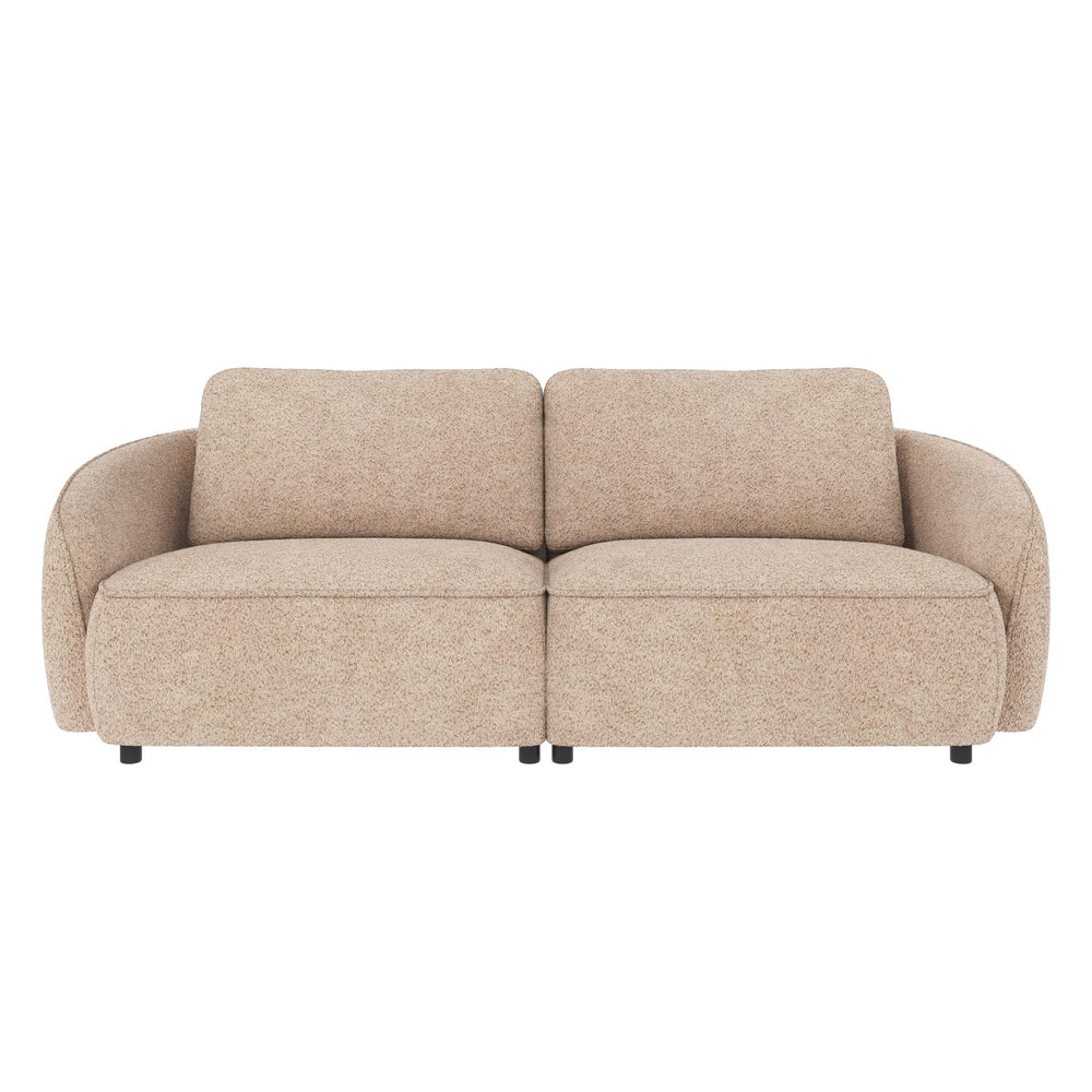 Beige boucle soffa med rundade former och två sittplatser mot vit bakgrund