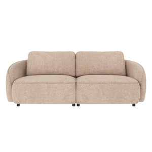 Beige boucle soffa med rundade former och två sittplatser mot vit bakgrund