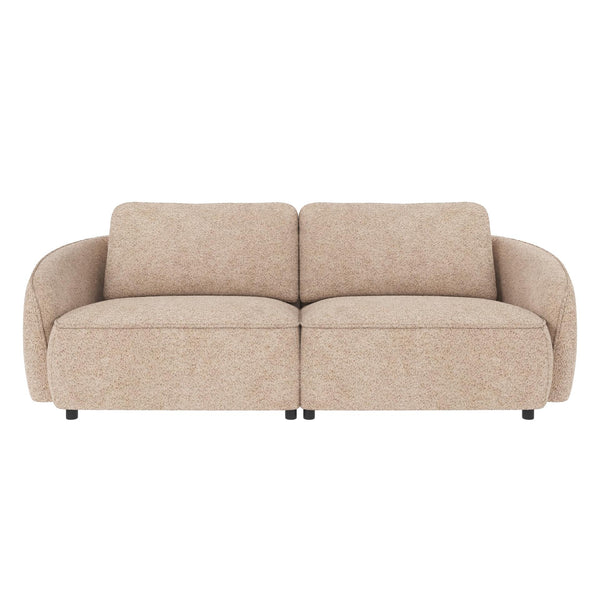 Beige boucle soffa med rundade former och två sittplatser mot vit bakgrund