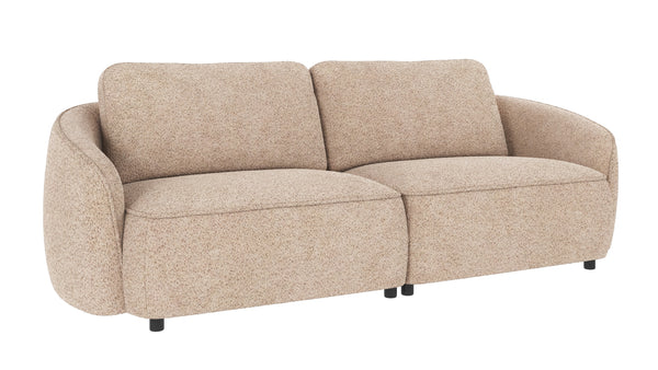 Beige tvåsits soffa med rundade former och bouclétyg, moderna ben i svart trä