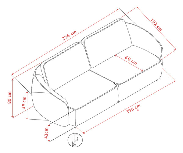 Måttskiss för 2-sits soffa med dimensioner: 196 cm djup, 226 cm bredd, 102 cm höjd, 80 cm sitthöjd