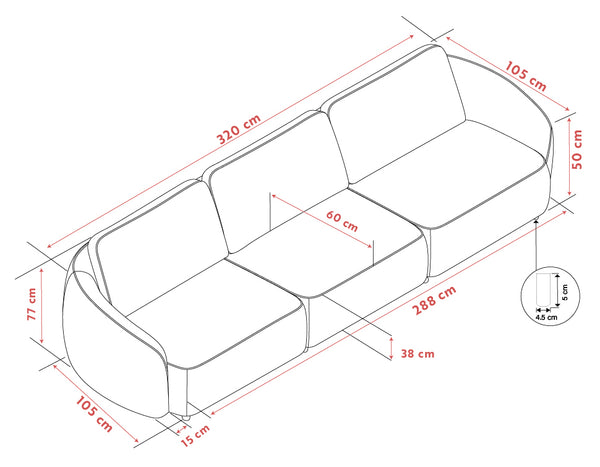 Soffa med måttangivningar: längd 320 cm, djup 105 cm, höjd 77 cm, sittdjup 60 cm och armstödshöjd 50 cm