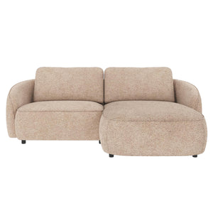 Beige bouclé soffa med schäslong i modulär design med rundade former och svarta ben