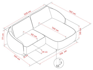 Måttskiss av hörnsoffa med detaljerade mått i cm, visar djup, bredd, höjd och sittdjup för samtliga delar