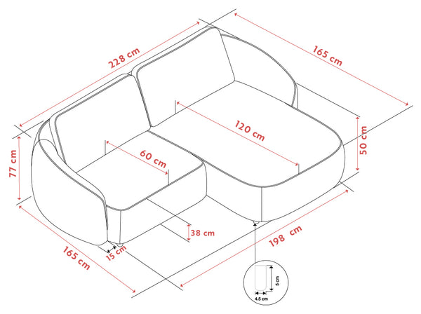 Måttskiss av hörnsoffa med detaljerade mått i cm, visar djup, bredd, höjd och sittdjup för samtliga delar