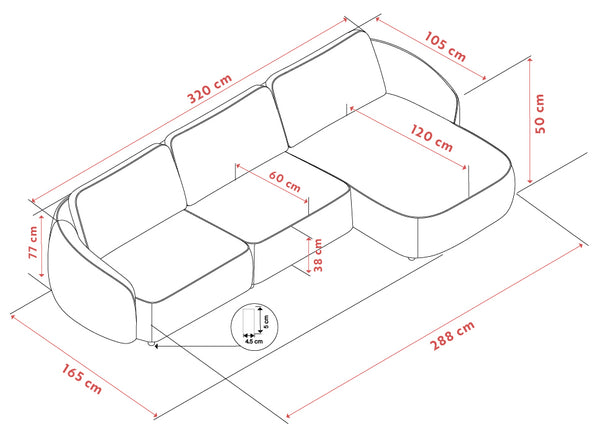 L-formad hörnsoffa med måttangivelser: 320 cm längd, 238 cm bredd, 50 cm höjd, detaljerad teknisk ritning