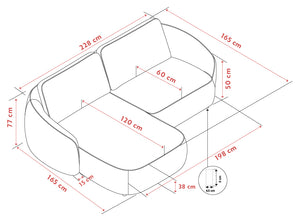 Måttskiss av fåtölj med dimensioner: 228 cm djup, 165 cm bredd, 77 cm höjd, sits 120x60 cm
