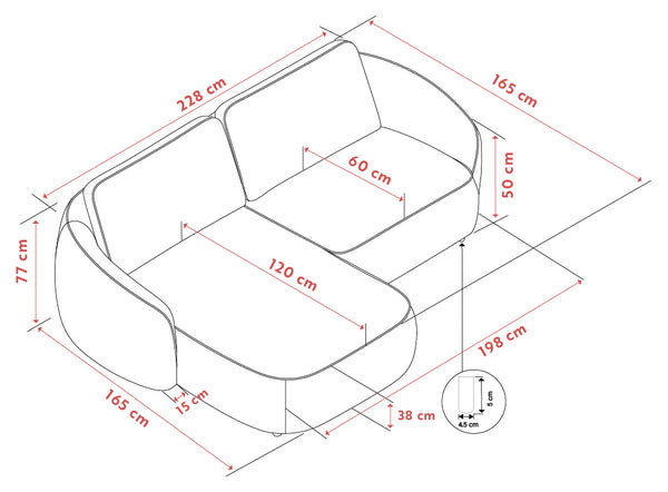 Måttskiss av fåtölj med dimensioner: 228 cm djup, 165 cm bredd, 77 cm höjd, sits 120x60 cm