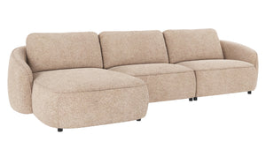 Beige modulsoffa med schäslong i bouclétyg, tre sittplatser och rundad design