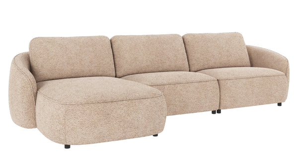 Beige modulsoffa med schäslong i bouclétyg, tre sittplatser och rundad design