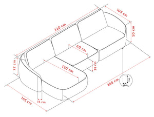 Måttskiss av 3-sits soffa med schäslong, visar dimensioner 320x165 cm med sitthöjd 38 cm och ryggstöd 77 cm
