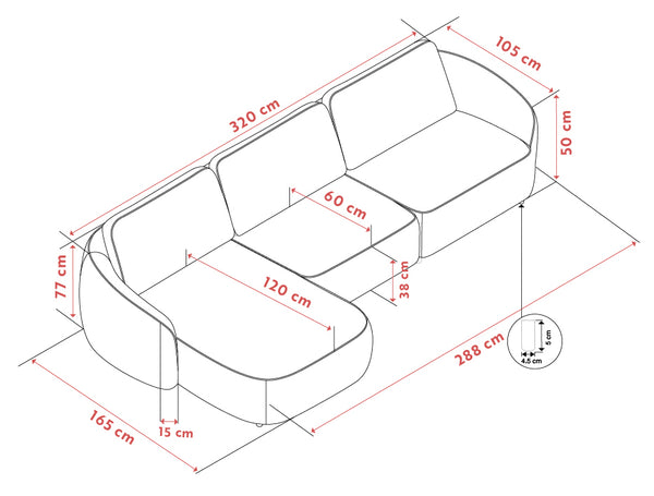 Måttskiss av 3-sits soffa med schäslong, visar dimensioner 320x165 cm med sitthöjd 38 cm och ryggstöd 77 cm