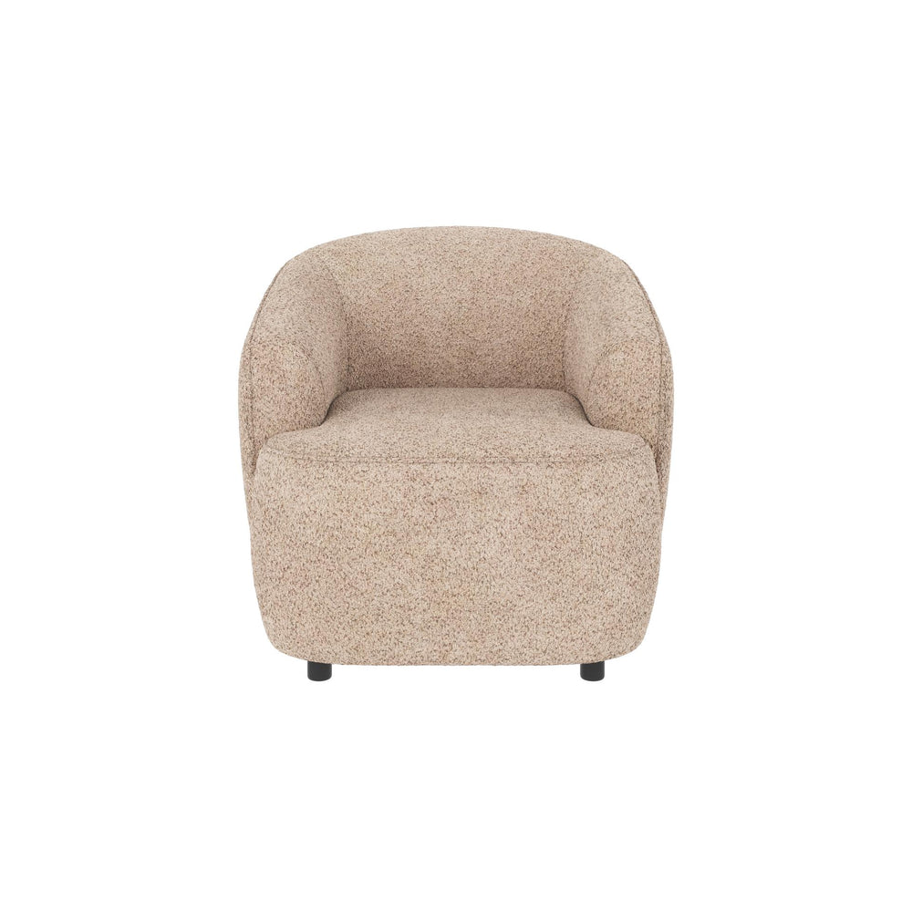 Beige fåtölj med rundad design och bouclé-tyg, moderna träben