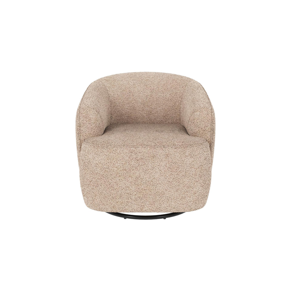 Beige fåtölj med rundad form i teddy-tyg, svängbar funktion och mjuk stoppad design